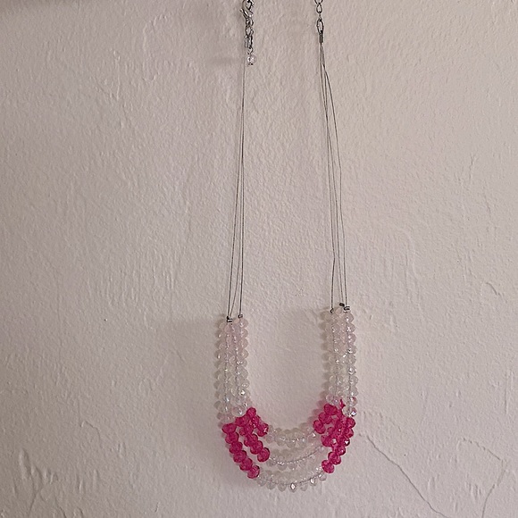 Silver “Invisible” Necklace With White And Hot Pink Beads - Picture 5 of 16